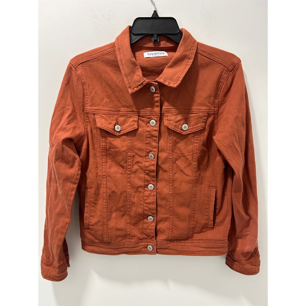 Luvamia Womens Burnt Orange Stretch Denim Trucker Jacket Rust Size Medium